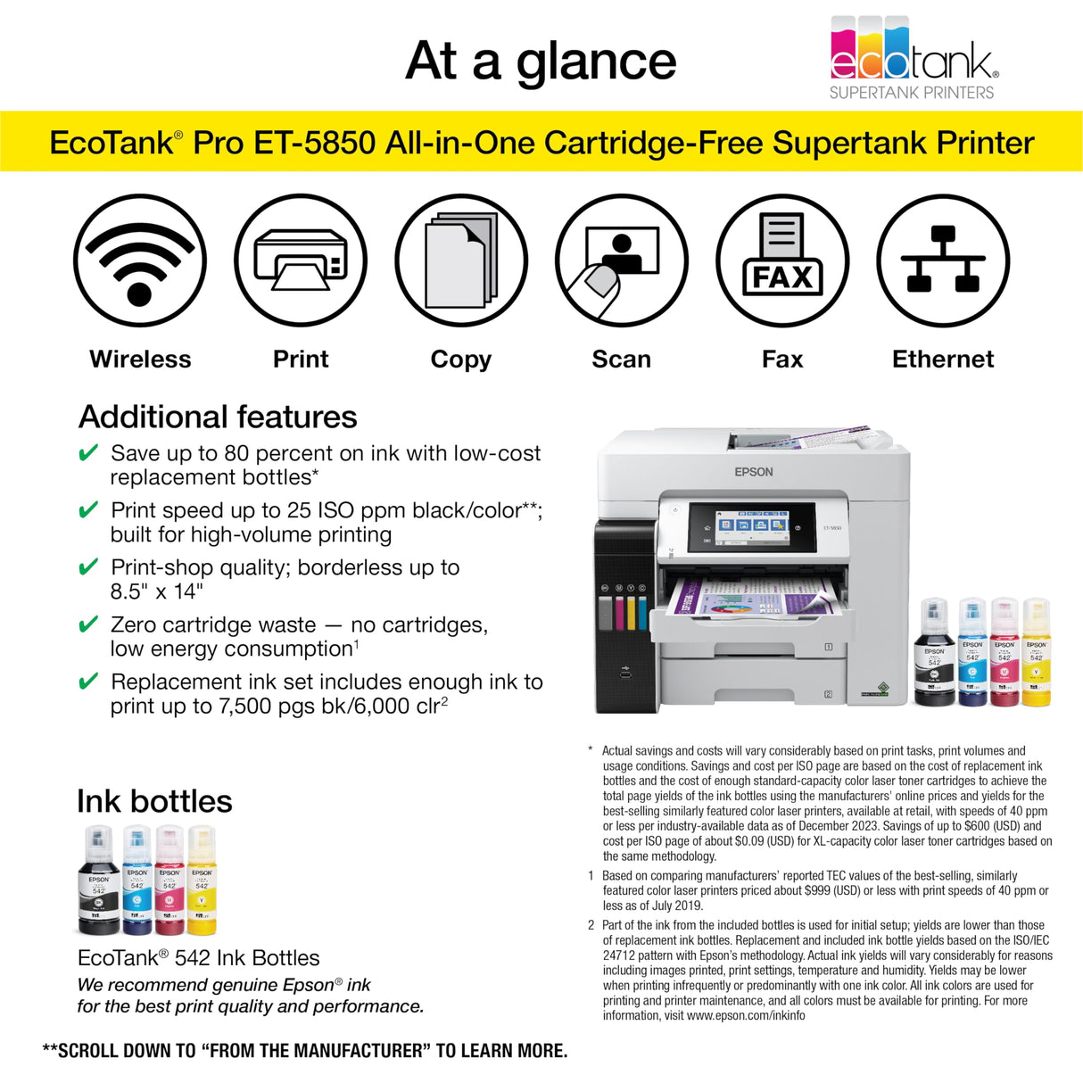 Epson EcoTank Pro ET-5850 Wireless Color All-in-One Supertank Printer with Scanner, Copier, Fax and Ethernet, White Epson