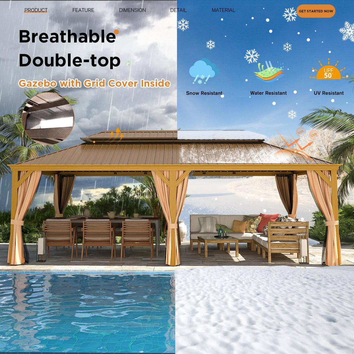 YOLENY 14'x24' Gazebo, Wooden Finish Coated Aluminum Frame Pergola with Double Galvanized Steel Hardtop Roof, Outdoor Permanent Metal Pavilion with Curtains and Nettings for Patio, Backyard and Deck YOLENY