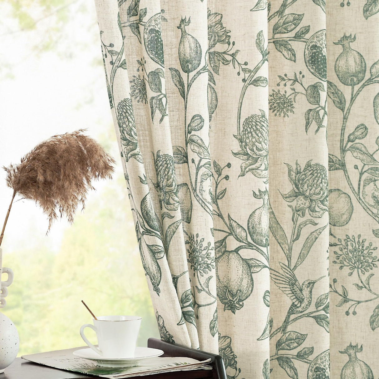 jinchan Linen Curtains Floral Curtain for Living Room 84 Inch Long Dark Green French Back Tab Light Filtering Toile Print Farmhouse Bedroom Curtains Window Drapes Set 2 Panels jinchan