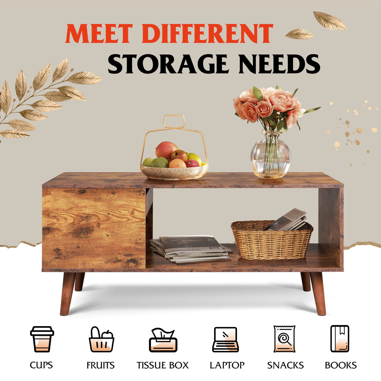 WLIVE Coffee Table for Living Room,Wood Coffee Table with Storage,Mid-Century Modern Coffee Table with Drawer,Living Room Table for Home Office,Rustic Brown WLIVE