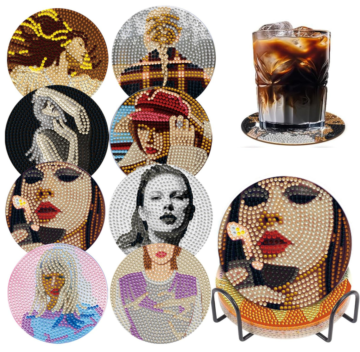 8 PCS Singer Diamond Art Coasters Kits, Pop Star Diamond Painting Coasters with Holder Set of 8, DIY Drink Coasters Art Crafts Supplies for Adults Cup Mat for Home Decor House Warming Gifts Non-Slip YSUNETER