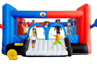 WELLFUNTIME Inflatable Bounce House with Slide, 15.3ft x 14.7ft, Jumping Castle with Blower, Dartboard, Dual Basketball Hoop, Dual Kicking Boards, Jumping Area for 6 Kids