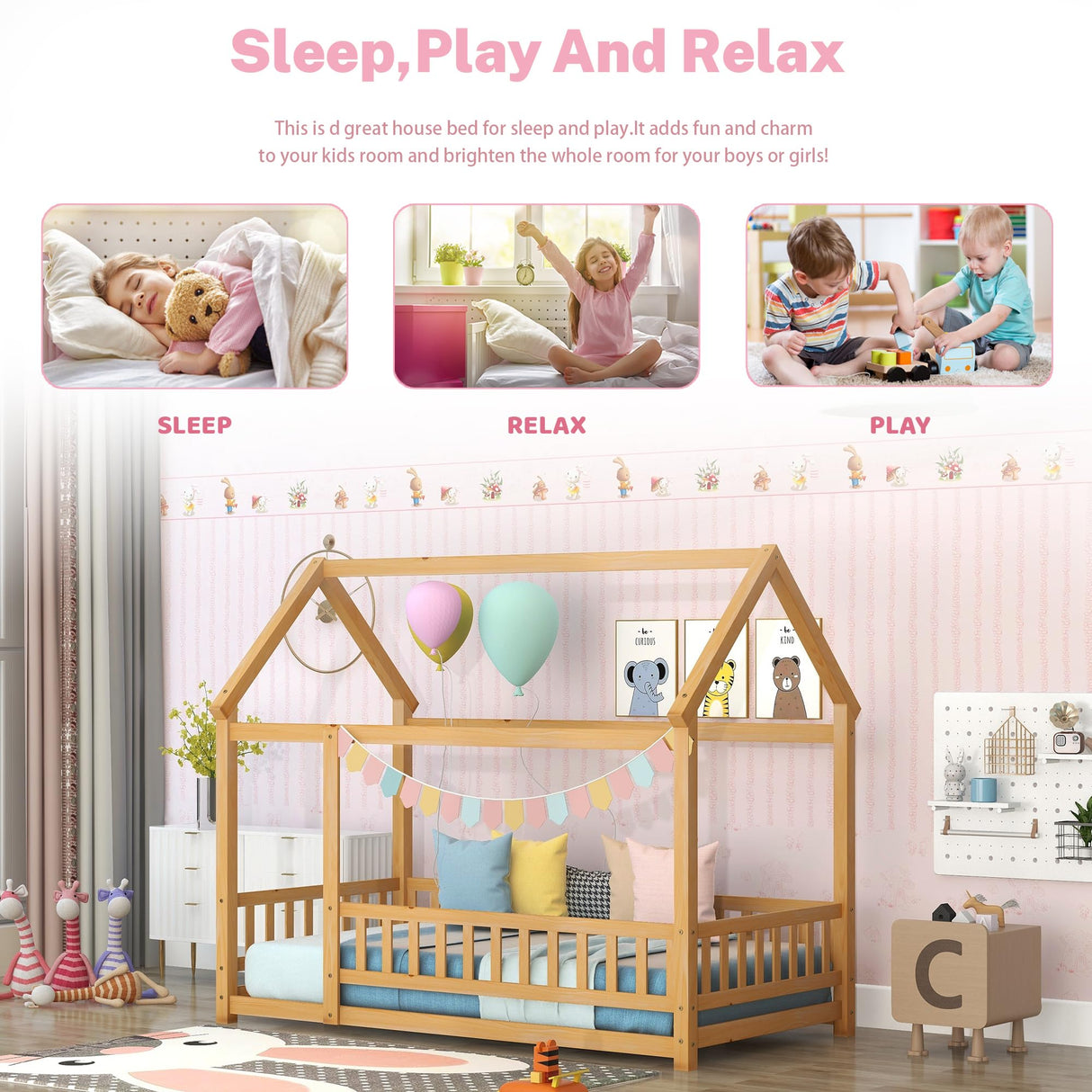 Bellemave Wooden Montessori Twin Size House Bed with Fence and Roof for Kids - Playhouse Frame in Natural Finish Bellemave
