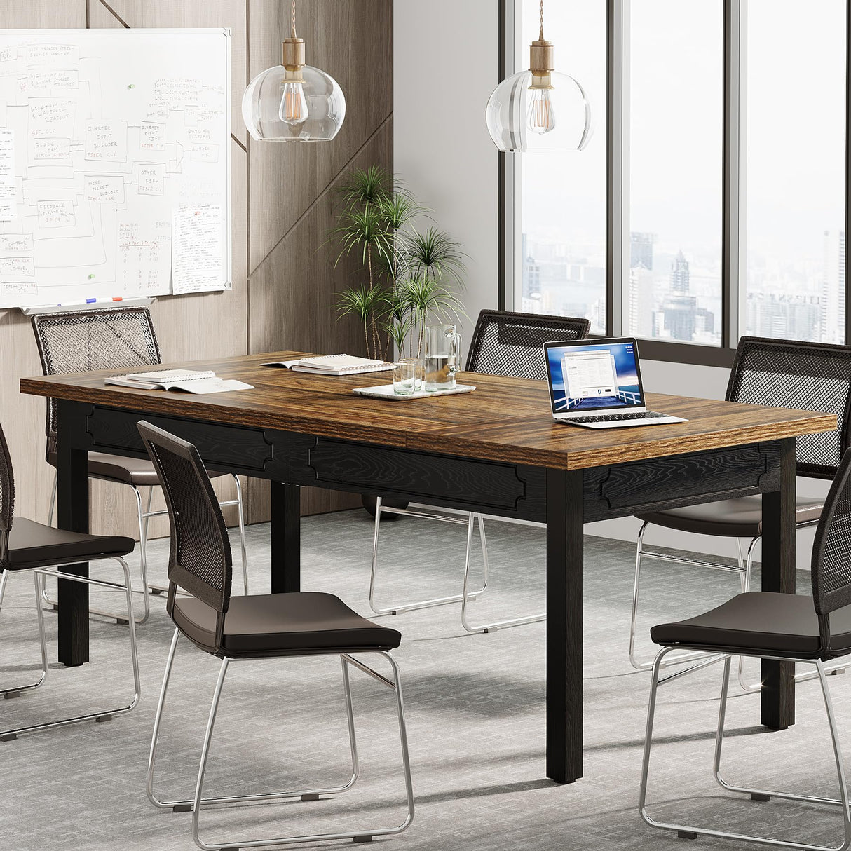 Tribesigns Rectangular Conference Table for 4-6 People, Office Meeting Table with Sturdy Legs, Small Conference Room Table for Office Meeting Breakroom, Brown and Black Tribesigns
