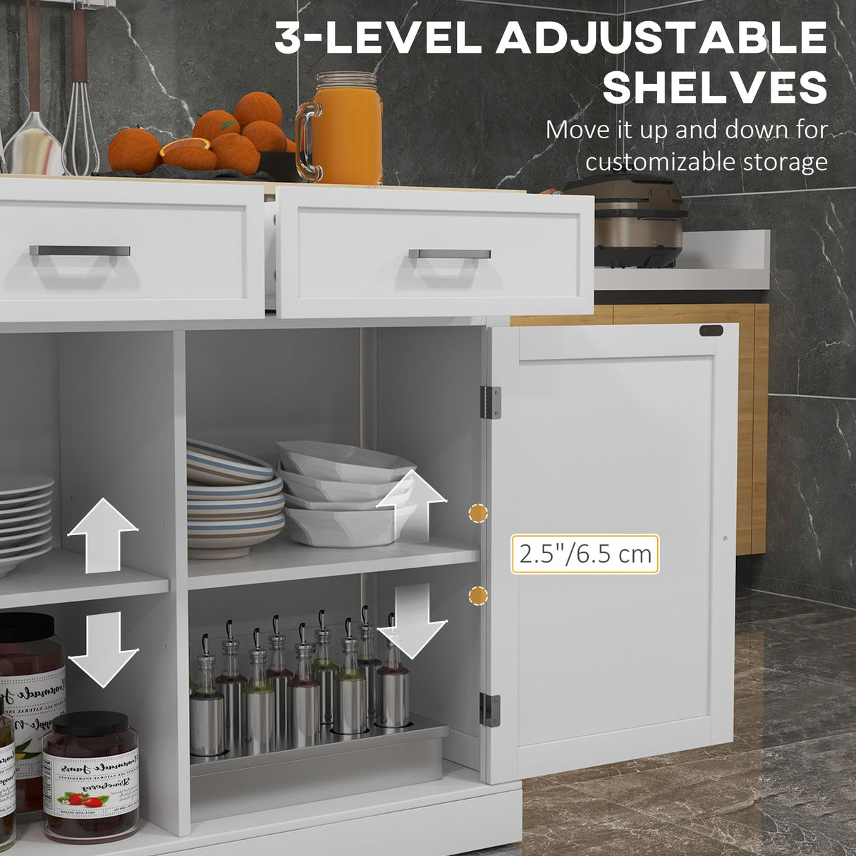 HOMCOM Rolling Kitchen Island with Drop Leaf Wood Breakfast Bar, Farmhouse Kitchen Cart with 2 Drawers, Adjustable Shelves for Dining Room, White HOMCOM