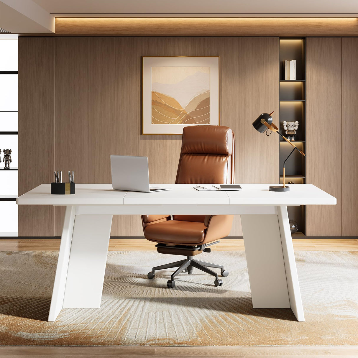 Tribesigns White Executive Desk, 63" Large Office Computer Conference Meeting Table with Wooden Robust Pedestal, Simple Modern Workstation Business Furniture for Home Office Tribesigns