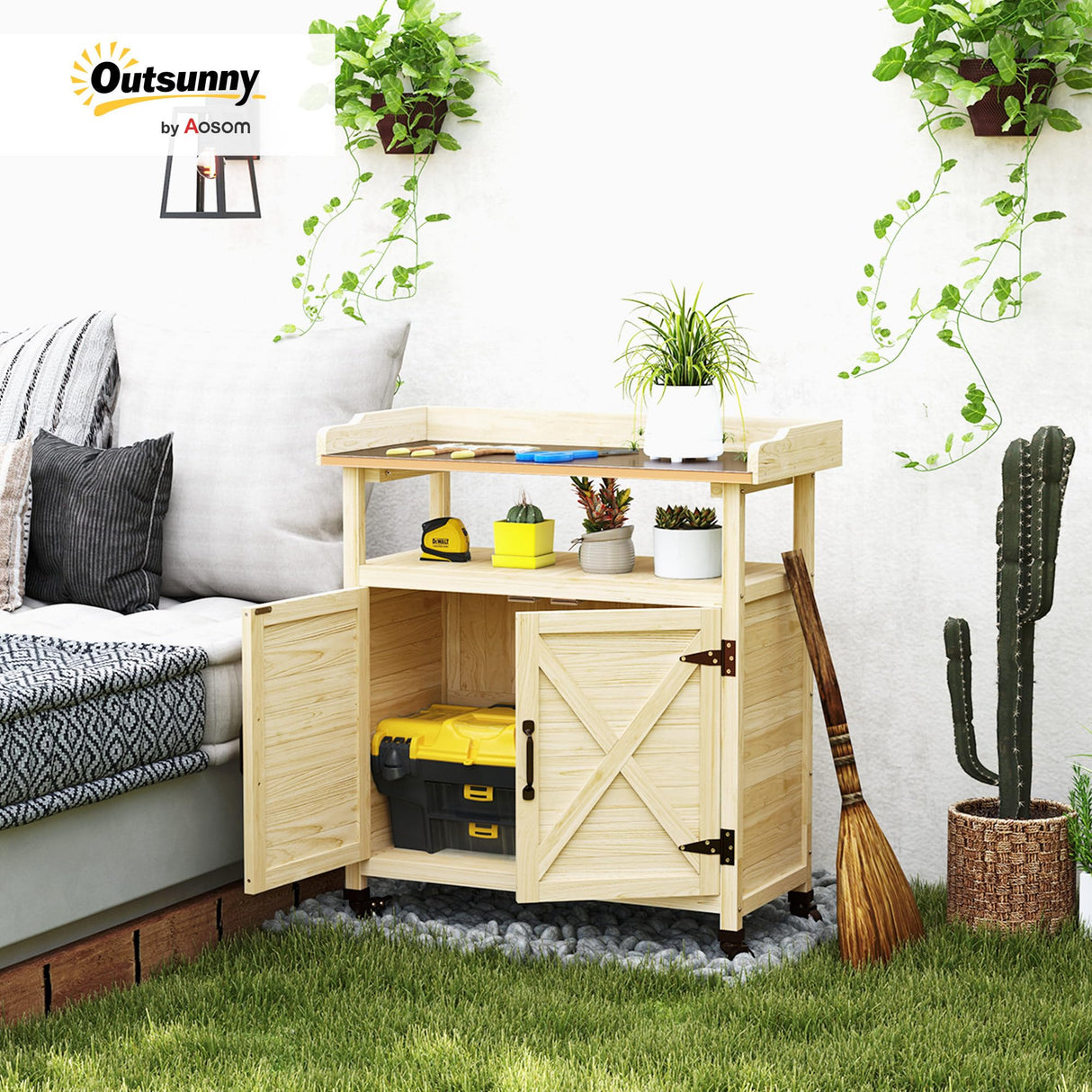 Outsunny Outdoor Wooden Potting Bench Table, Garden Workstation with Storage Cabinet, Aluminum Table Top, Rubber Wheels for Backyard, Patio, Balcony, Natural Wood Outsunny