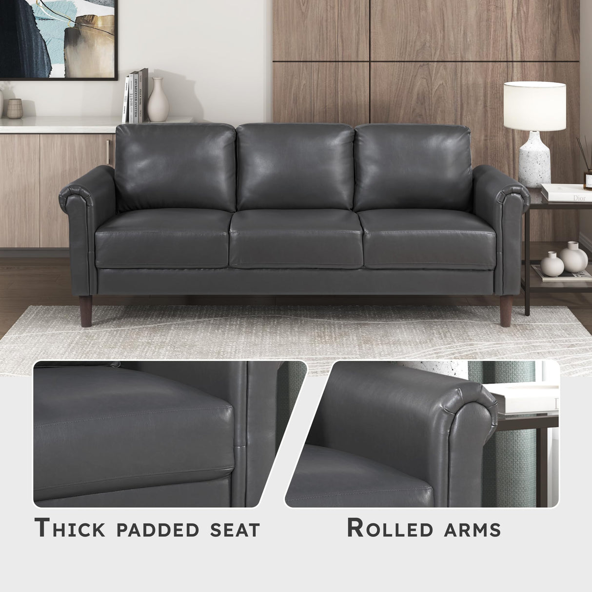 Lexicon 79" W Sofa Couch, Faux Leather Upholstered Couch, Sofa with Rolled Armrest for Bedroom/Office/Waiting Room, 3 Seater, Dark Gray Lexicon