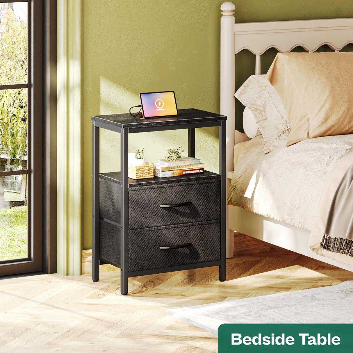 Huuger Nightstands Set of 2, End Tables with Charging Station, Side Tables with Fabric Drawers, Bedside Tables with USB Ports and Outlets, Night Stands for Bedroom, Black Huuger