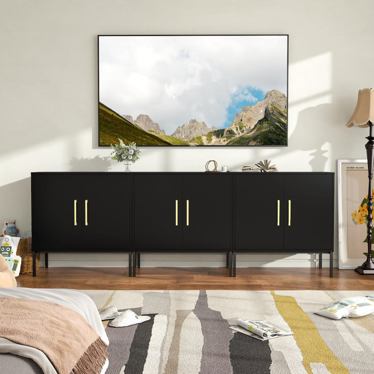 JOZZBY Buffet Cabinet with Storage, Accent Cabinet Modern Wooden Free Standing Sideboard with Adjustable Shelves, Black Side Cabinets for Living Room, Hallway, Set of 3 JOZZBY
