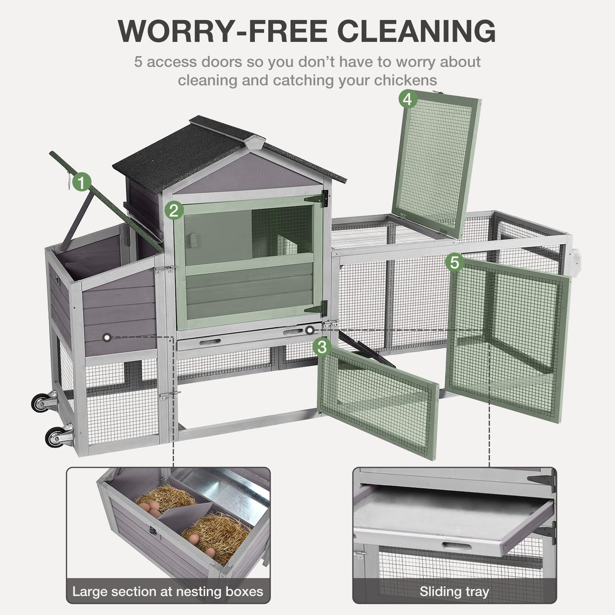 MEDEHOO Chicken Coop for Outdoor - Poultry Cage with Wheels, Nesting Box, Leakproof Pull-on Tray, and Asphalt Waterproof Roof - Grey MEDEHOO