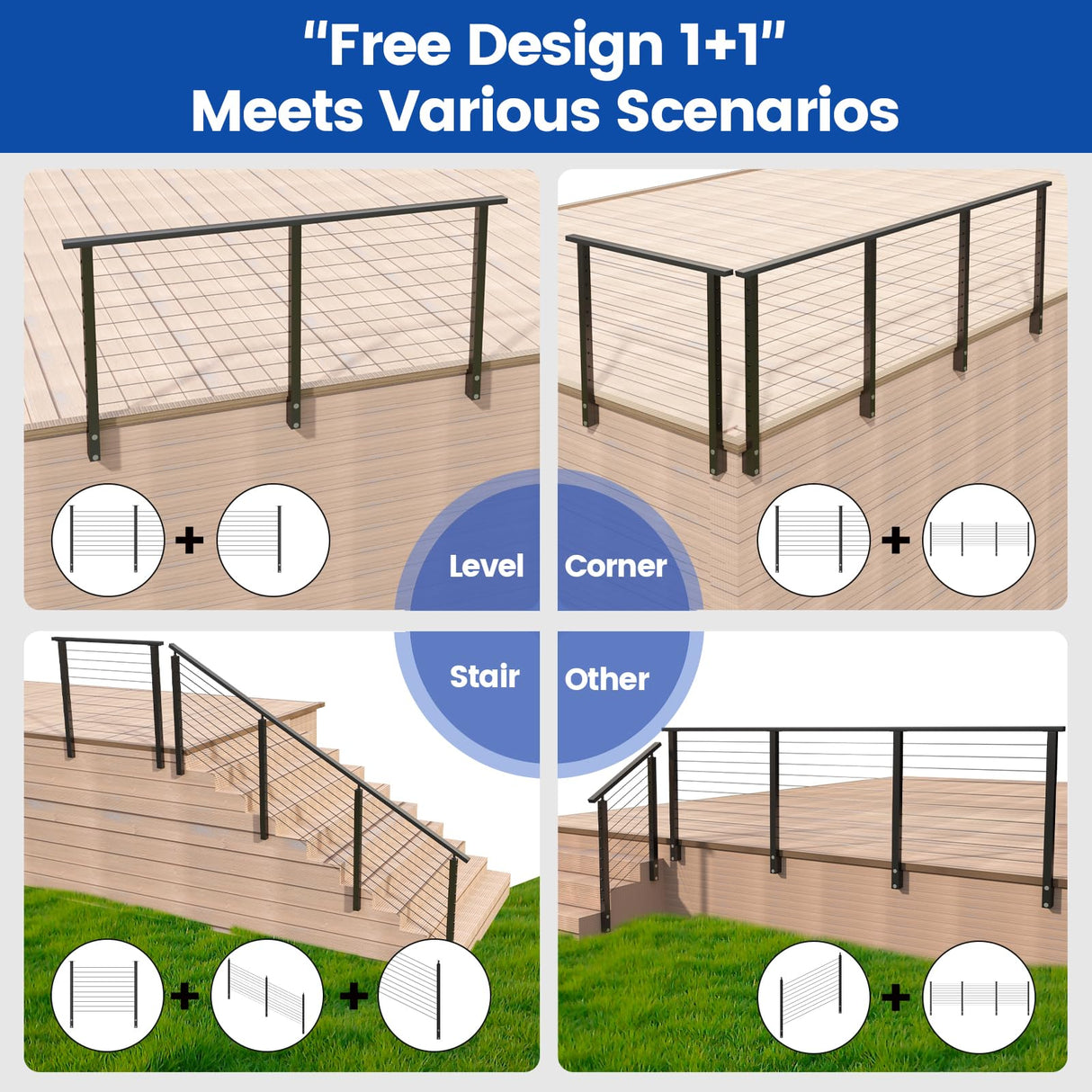 Muzata 5ft-10ft Cable Railing Kit 36" 2PACK Black Side Mount Stair Posts PF01 with 150ft 1/8 Stainless Steel Wire Rope WR19 Cable Railing System DIY Kit (No Handrail), RWF1 BA4S Muzata