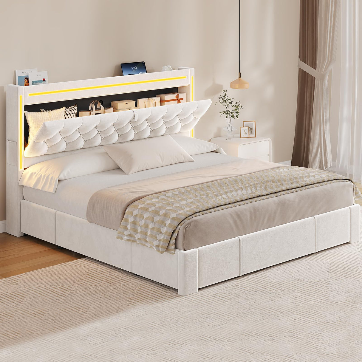 HAUOMS Queen Bed Frame with 3 XL Storage Drawers, Storage Headboard with RGB Lights & Charging Station, Velvet Upholstered Platform Bed Queen Size, No Box Spring Needed, Noise-Free, Creamy White HAUOMS