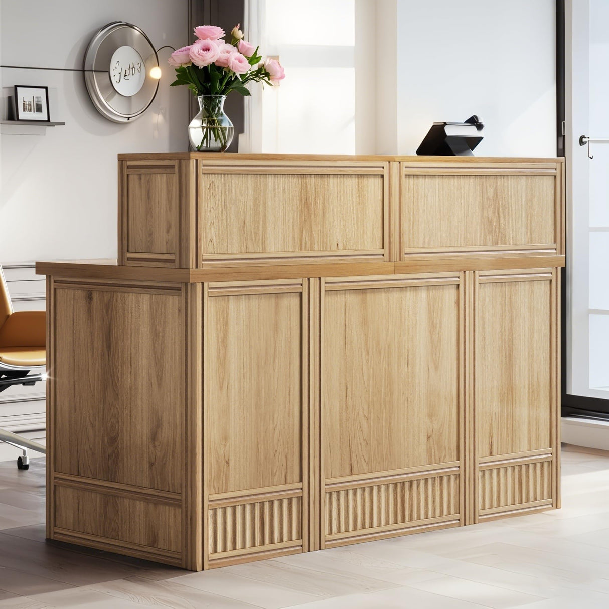 Tribesigns 57" Reception Desk with Counter, Modern Front Desk with Metal Frame, Wooden Retail Checkout Counter for Office, Reception Room, Beauty Salon, Lobby (Light Wood Color) Tribesigns