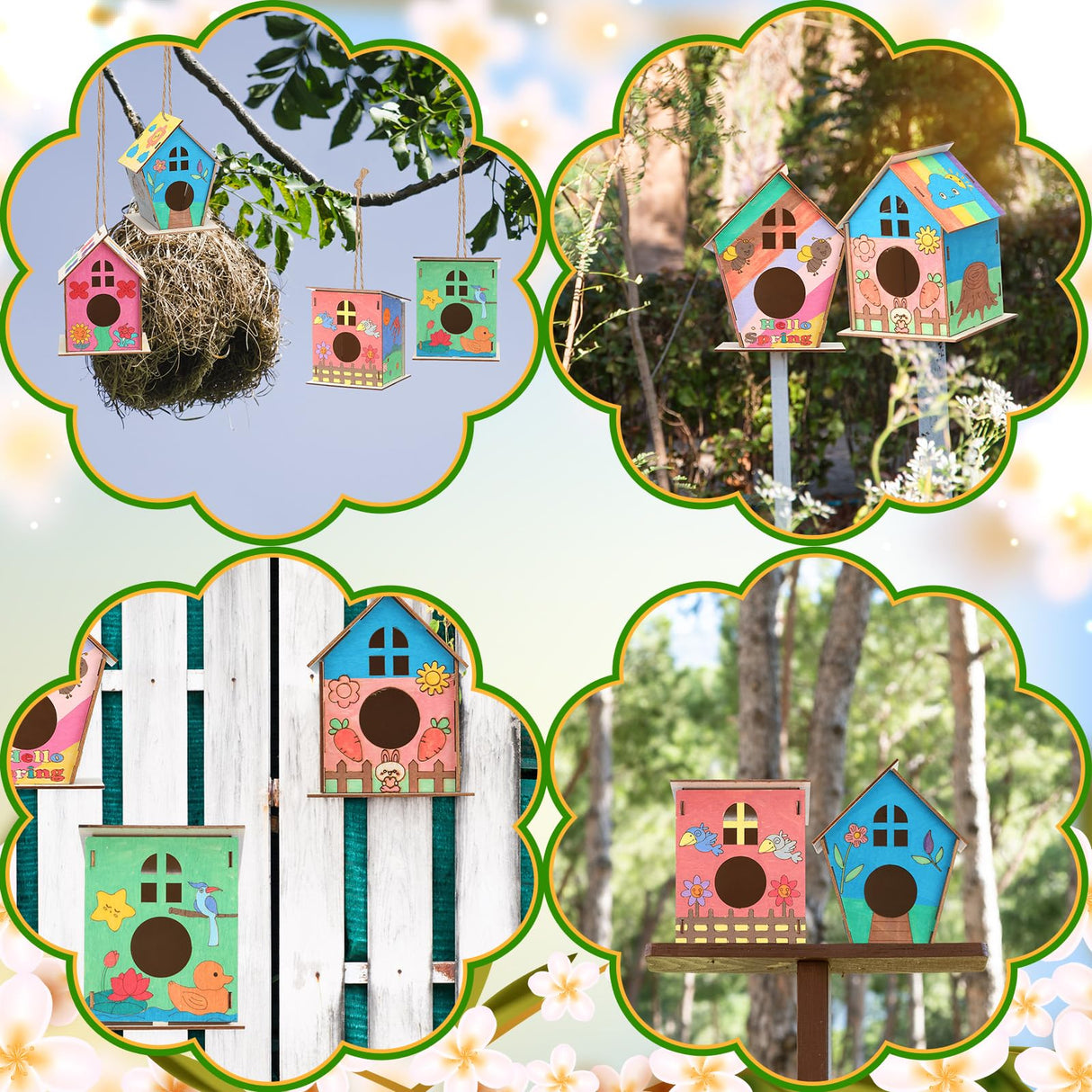 Qunclay 18pcs DIY Birdhouse Kit to Build and Paint Unfinished Wooden Bird House Wood Arts Craft with Colorful Painting Pens DIY Craft Project Kits for Spring Summer Party Favors Qunclay