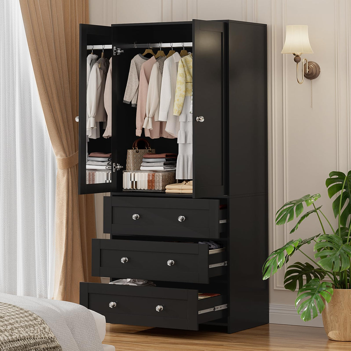 VOWNER Armoire Wardrobe Closet with Drawers and Mirror, 71" Clothing Storage Cabinet with Hanging Rod, 2 Doors Wooden Wardrobe Cabinet for Bedroom, Large Capacity Storage,Black VOWNER