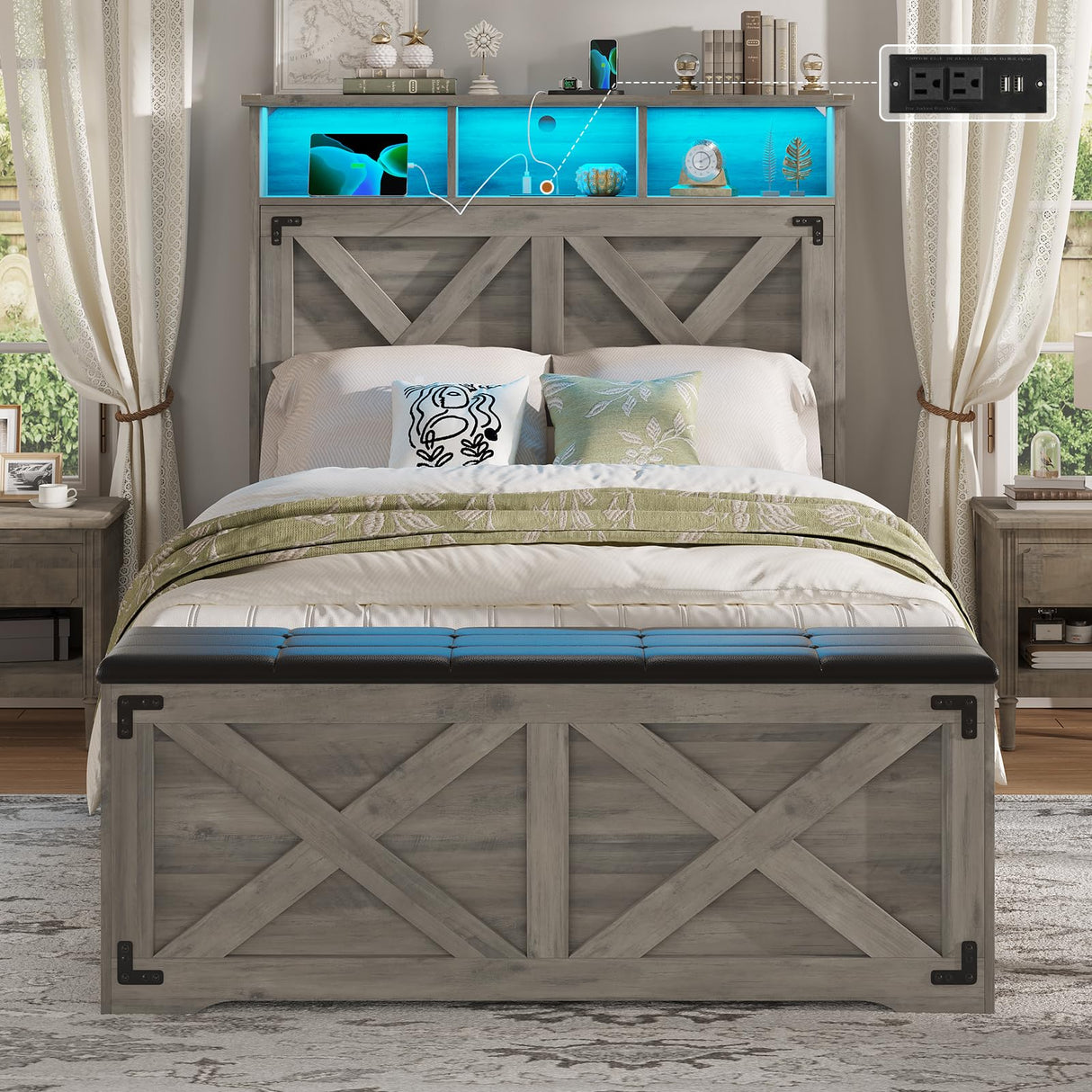 Hasuit Farmhouse Bed Frame Twin Size with Storage Headboard, Charging Station and LED Light, Wooden Twin Bed Frame with Storage Ottoman, Barn Door Design, No Box Spring Needed, No Noise (Oak Grey) Hasuit