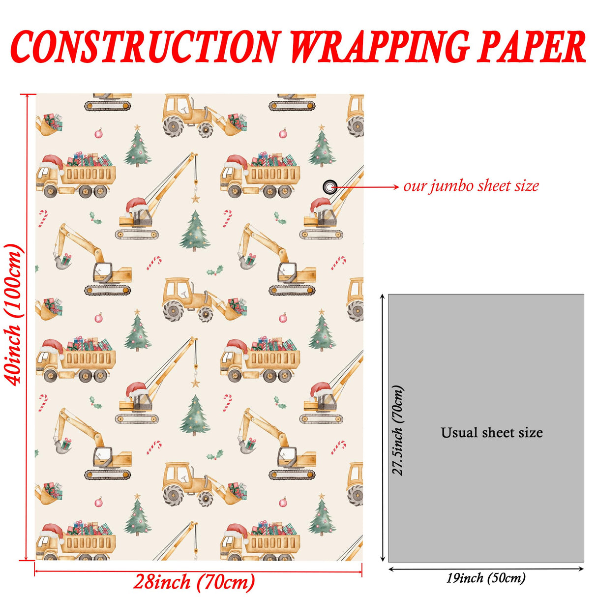 SaringSwoon Construction Christmas Wrapping Paper for Kids - Holiday Wrapping Paper with Dump Trucks, Cranes, Excavators with Santa Hats & Gifts, Christmas Tree - 40×28 Inches, 4 Folded Sheets SaringSwoon