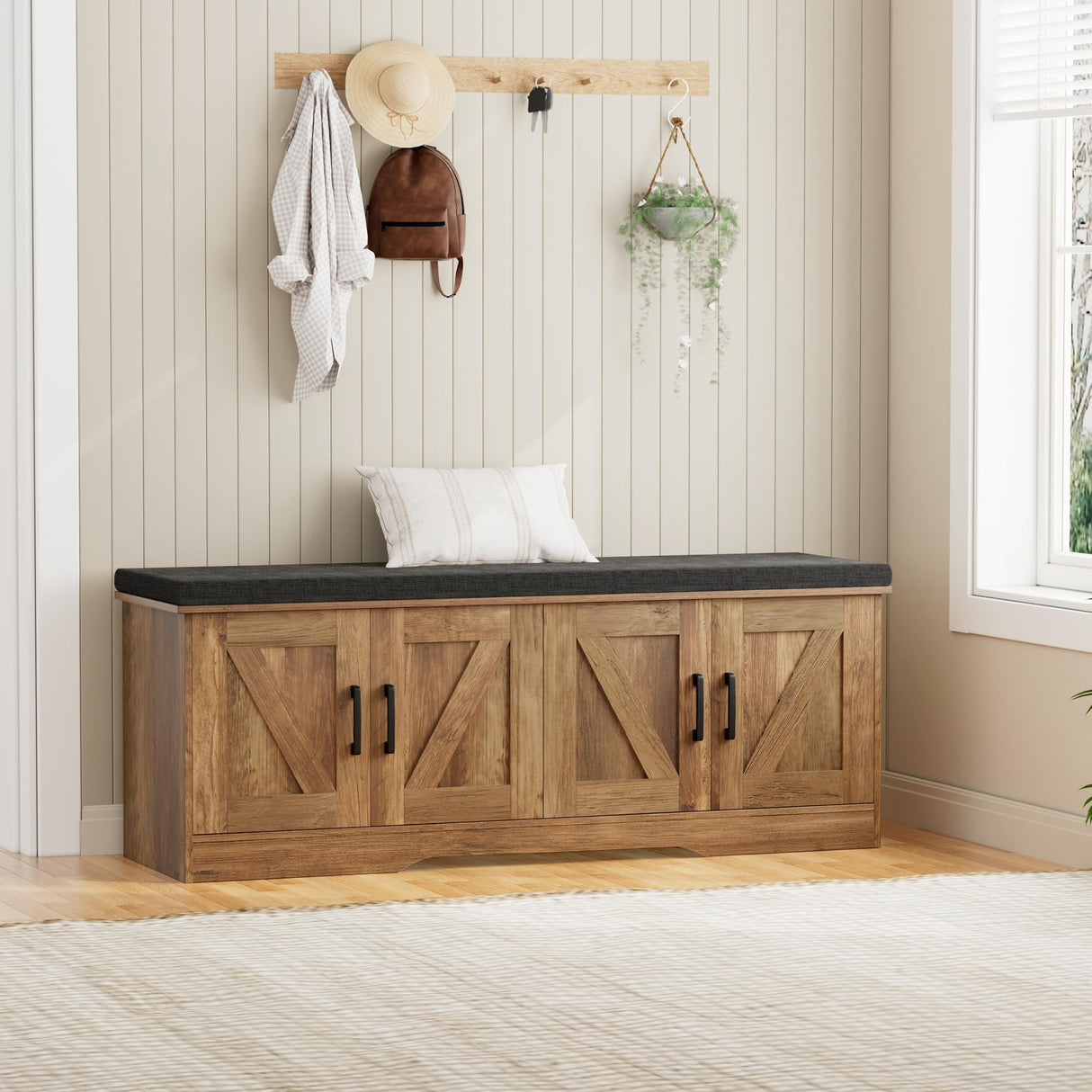 HOMSHO 2-Tier Storage Bench, Shoe Bench with Padded Seat Cushion, Entryway Bench with 4 Barn Doors, Adjustable Shelf, 13.8" D x 47.2" W x 17.7" H, for Entryway, Living Room, Bedroom, Rustic Walnut HOMSHO