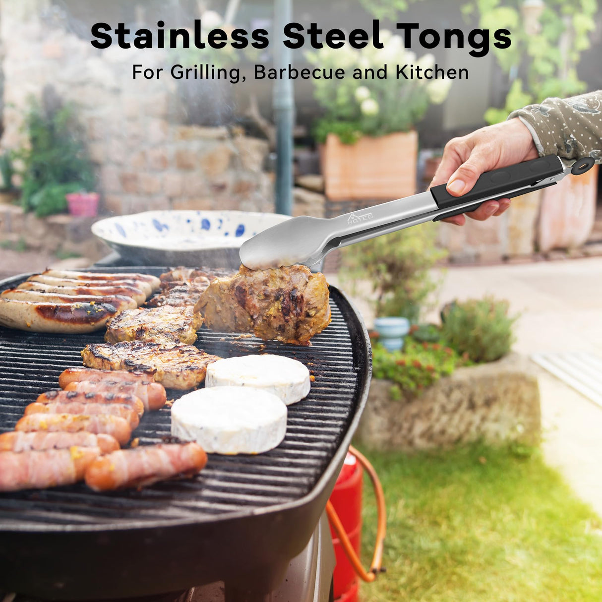 Hotec Stainless Steel Kitchen Tongs Grill Tongs Set of 2-9" and 12", Barbecue Tongs Locking Metal BBQ Kitchen Food Tongs for Cooking Non-Slip Grip HOTEC
