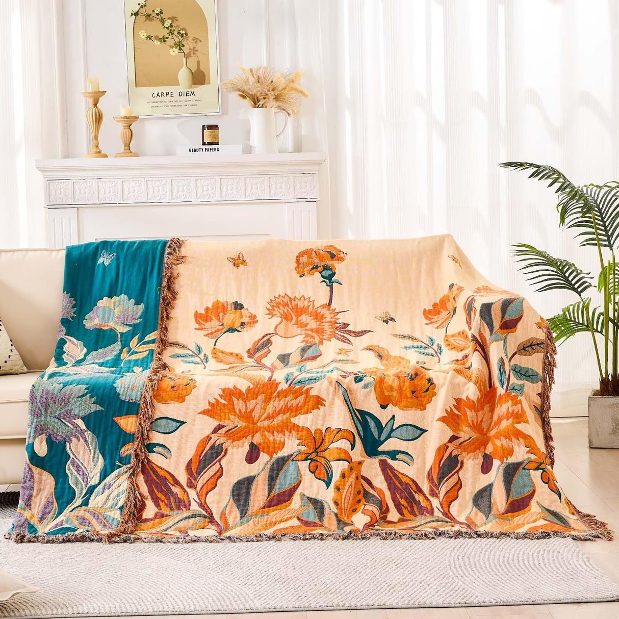 XIBLC Boho Throw Blanket for Bed, 100% Cotton Soft Rustic Quilt Fall Blanket, 60"x80" Floral Printed Farmhouse Decor Bed Blankets, All Season Rustic Reversible Bohemian Throw Quilt XIBLC