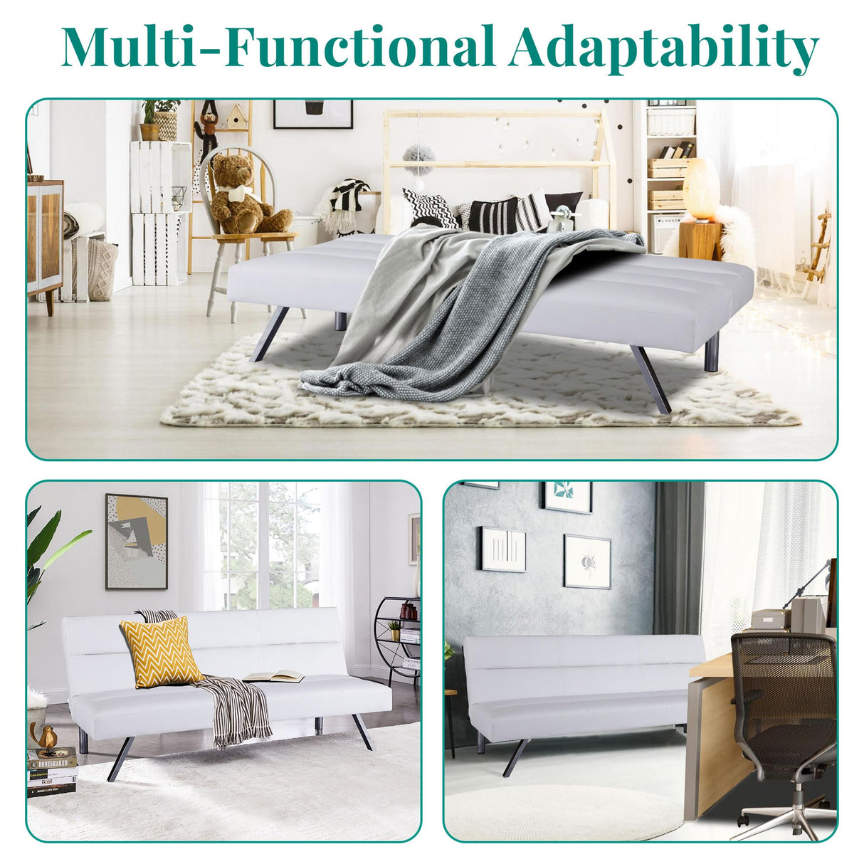 Naomi Home Faux Leather Futon Couch, Modern Convertible Folding Sofa Bed Couch Futon Sofa Bed with Chrome Legs, Reclining Mini Couch, Leather Futon Small Couch for Bedroom Living Room White Naomi Home