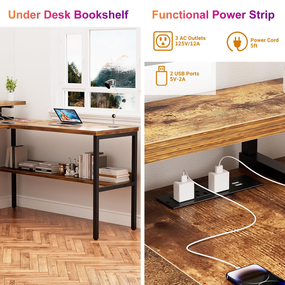 iSunirm U Shaped Office Desk, Customizable L Shaped Computer Desk with Adjustable Monitor Stand & Power Outlets & LED Strip Light, Sturdy Reversible Gaming Desk with Storage Shelves, Rustic Brown iSunirm