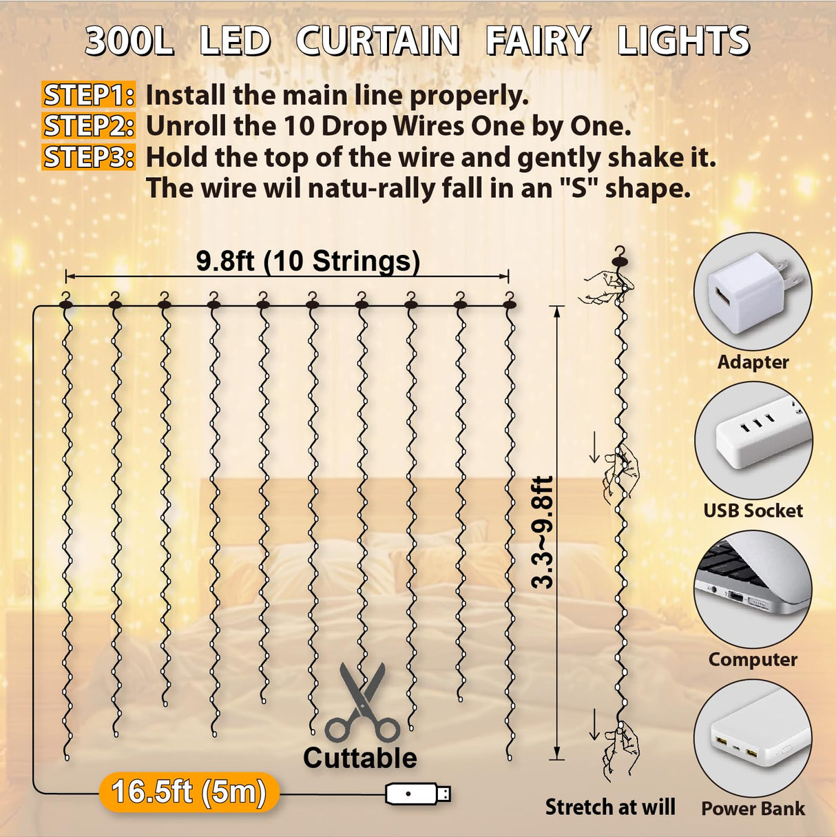 HXWEIYE 300LED Fairy Curtain Lights, 9.8x9.8Ft Warm White USB Plug in 8 Modes Christmas String Hanging Lights with Remote for Bedroom, Indoor, Outdoor, Weddings, Party HXWEIYE