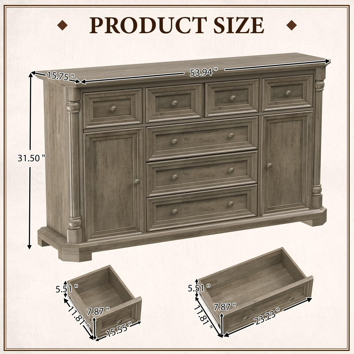 Yechen Buffet Cabinet with Drawers, 54" Large Sideboard Buffet Cabinet with 7 Drawers and 2 Doors, Farmhouse Solid Wood Sideboard for Kitchen, Living Room, Grey Yechen