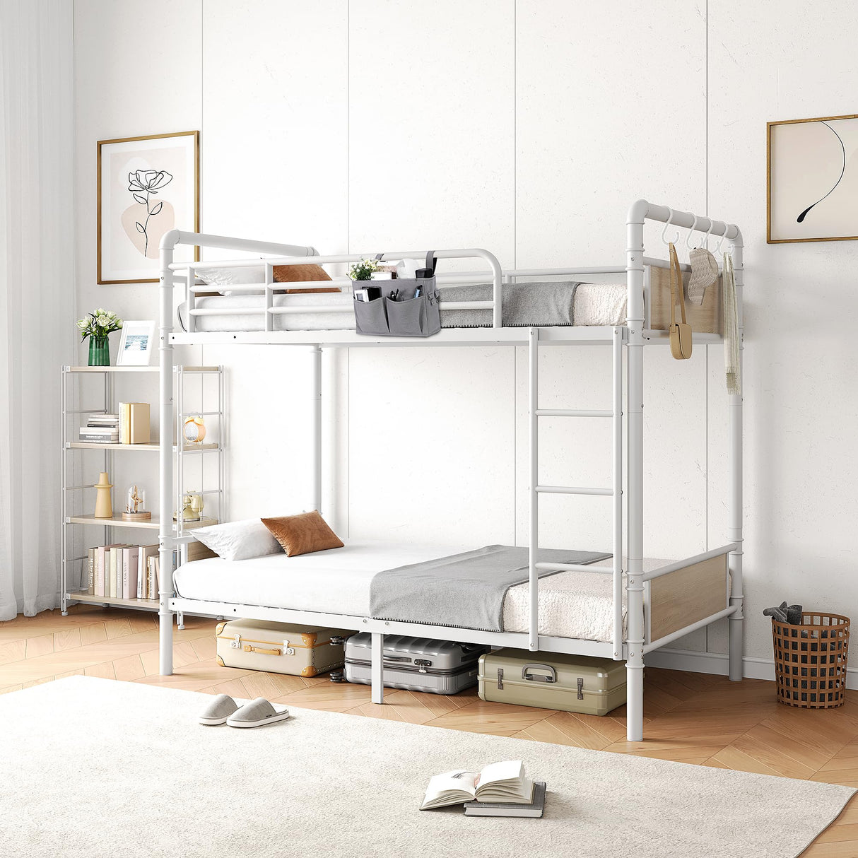 Jocoevol Bunk Bed Twin Over Twin, Heavy Duty Metal Industrial Bunkbeds with Ladder and Full-Length Guardrail, Convertible into 2 Individual Beds, Under-Bed Storage Space (White, Twin) Jocoevol