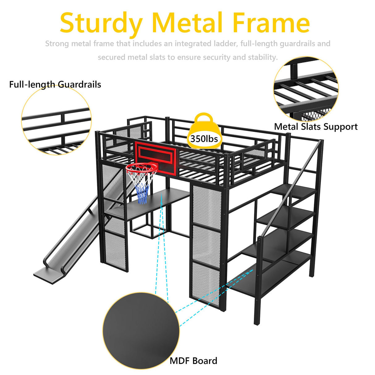 Polibi Full Size Metal Loft Bed with Built-in Desk,Open Wardrobe,Basketball Hoop,Slide and Staircase,Space-Saving Design for Small Rooms(Black) Polibi