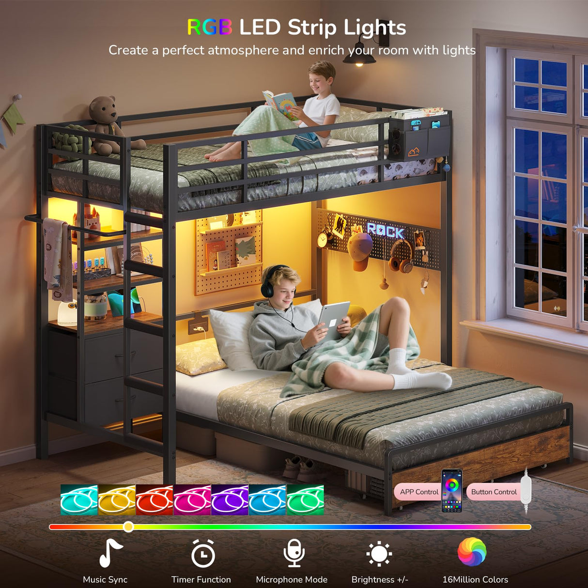 Twin Over Full Size Bunk Bed with 4 Storage Drawers and Bookshelf, Metal Bunk Beds with LED Lights, Charging Station, Loft Bunk Bed with Pegboard, Safety Guardrail and Ladders, for Kids, Teens, Adults mojiasion