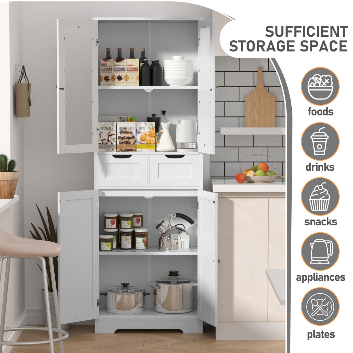 Betterhood 67" Tall Bathroom Storage Cabinet, Freestanding Linen Cabinet with Glass Doors and Shelves, Large Bathroom Pantry Cabinet with 2 Drawers for Living Room, Kitchen, Dining Room, Office, White Betterhood