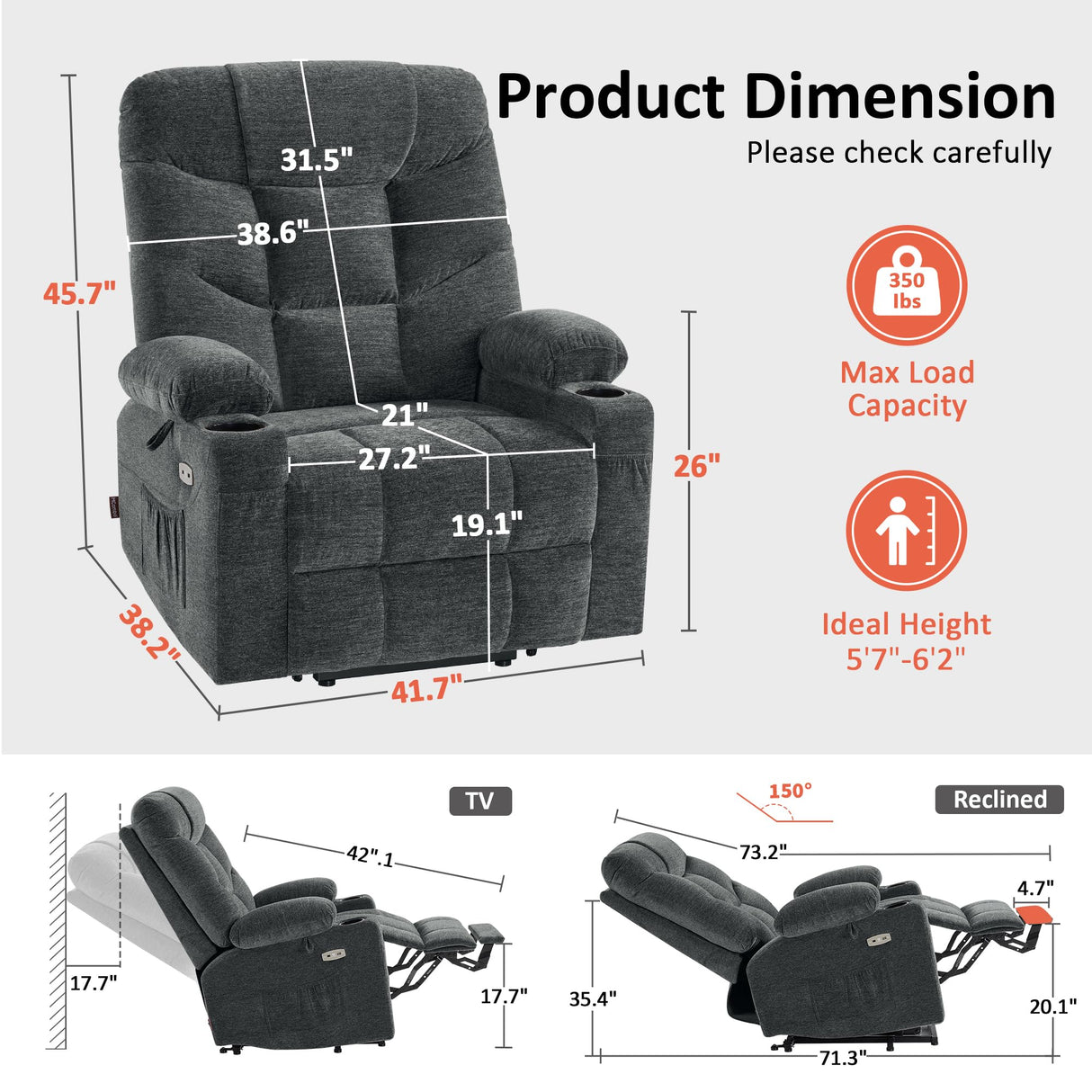 MCombo Oversized Power Lift Recliner Chair with Extended Footrest for Elderly People, Fabric R7399 (Dark Gray, Large-Oversize) MCombo