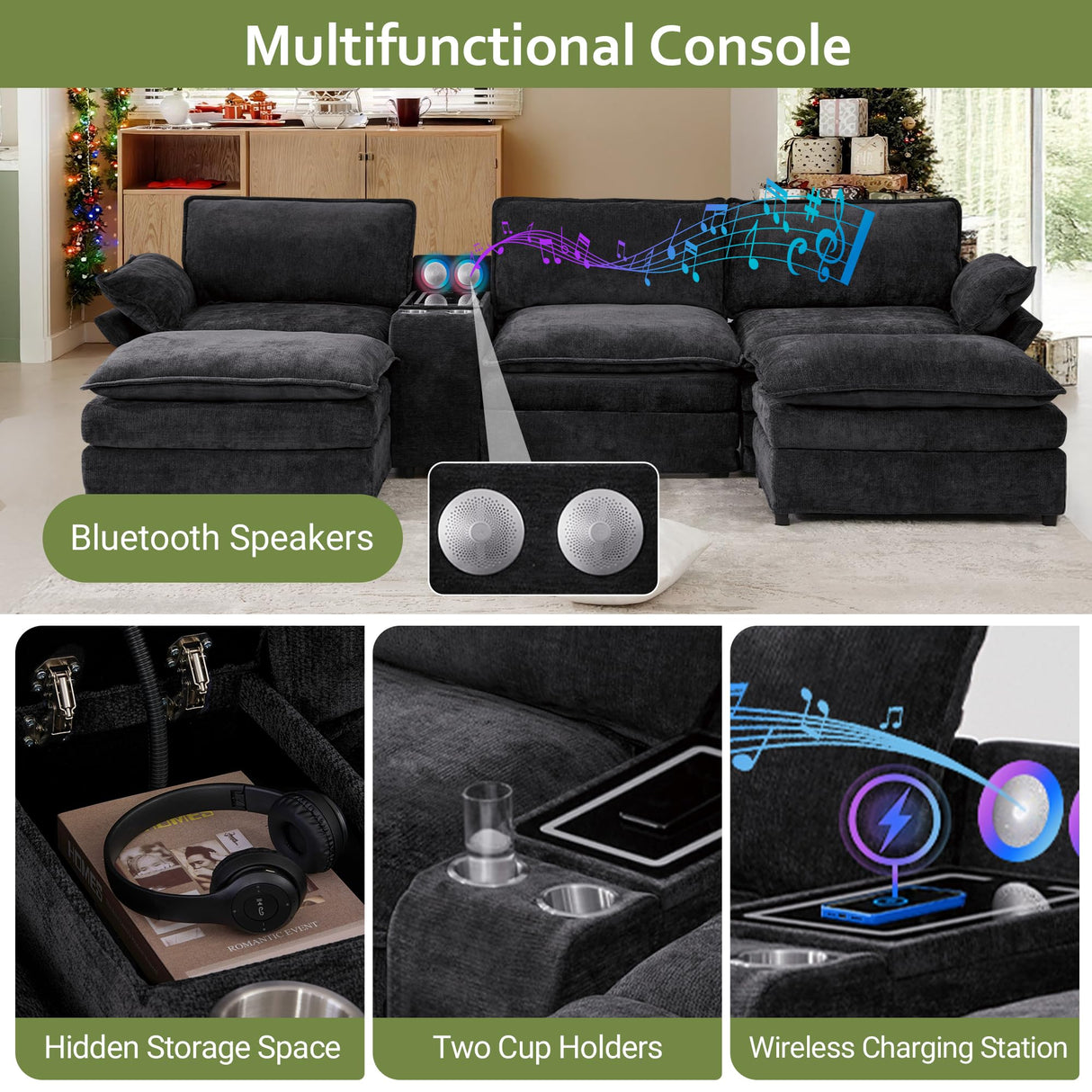 EYATZO 124" U Shaped Cloud Couch, Modular Sectional Sofa with Movable Ottomans, Modern Deep Seat Sofas for Living Room, Comfy Chenille Sectionals with Central Console & Bluetooth Speakers (Black) EYATZO