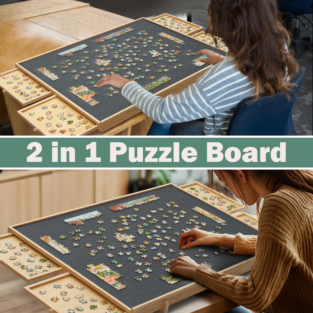 YKHALLYBEE 2000 Pieces Puzzle Board with 4 Drawers & Cover, 2-in-1 Puzzle Board with Adjustable Tilting Stand, Portable Jigsaw Wood Puzzle Board with Felt Table 41" W x 27.6" D HALLYBEE