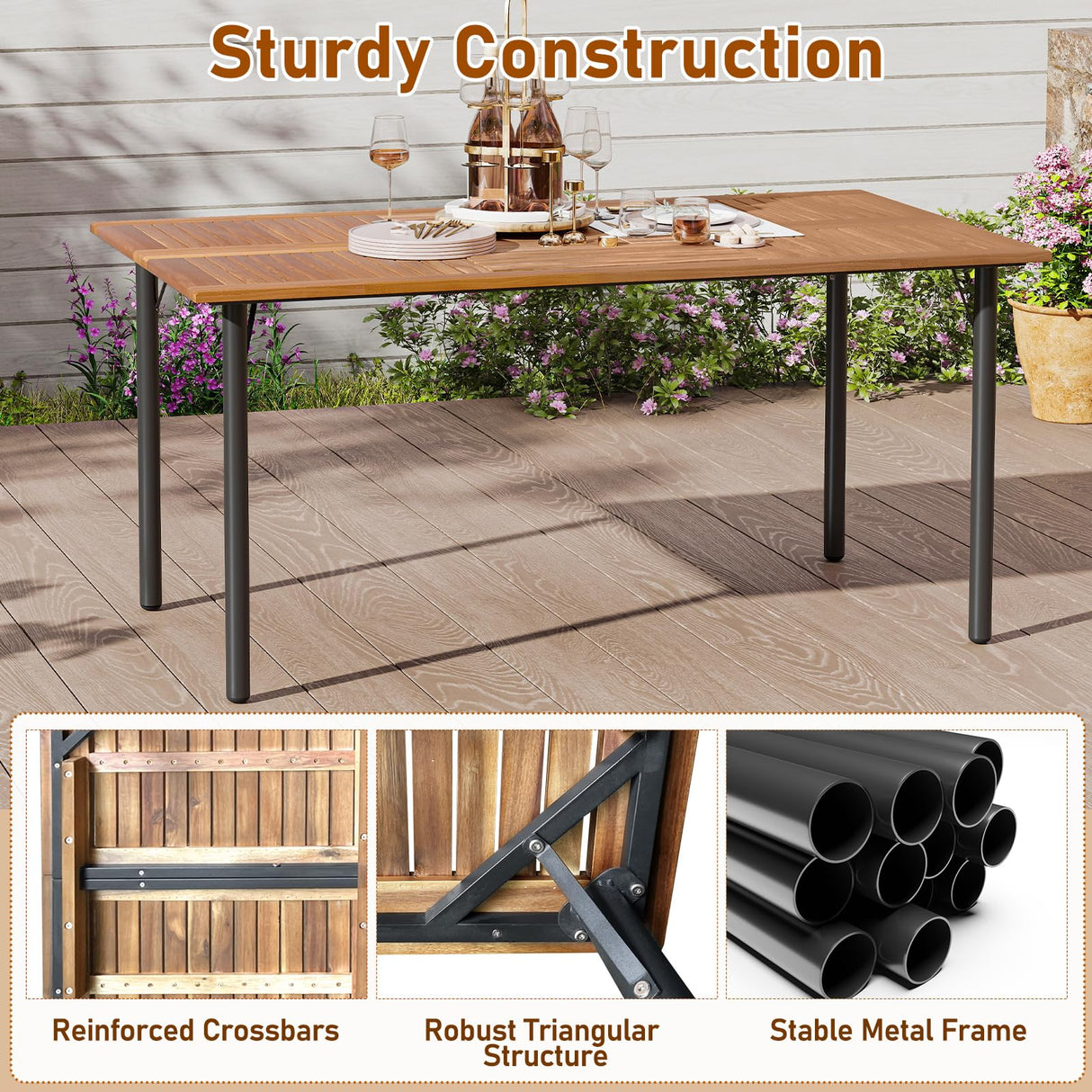 Tangkula 7 Pieces Outdoor Dining Set, Patio Acacia Wood Table and PE Rattan Chairs with Soft Cushions and 2” Umbrella Hole for Deck, Garden and Backyard Tangkula