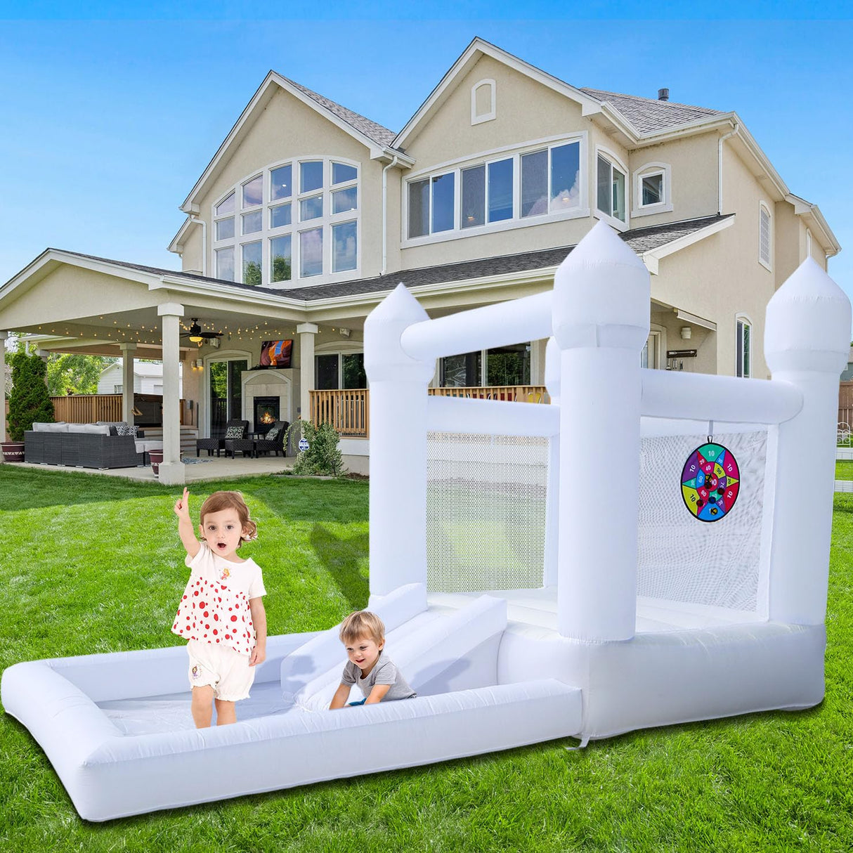 White Inflatable Bounce House Kids Inflatable White Bounce House with UL Blower, Large Ball Pool and Spacious Fun Room Bounce House for Kids 3-12 Felizhus