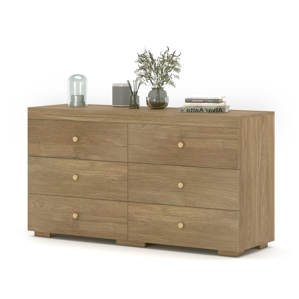 Zenflare Dresser for Bedroom 6 Drawer Wood Dresser 58.3" Wide, Large Chest of Drawers for Bedroom, Living Room, Hallway, Entryway, Modern TV Stand Drawer Organizer, Natural Oak Zenflare