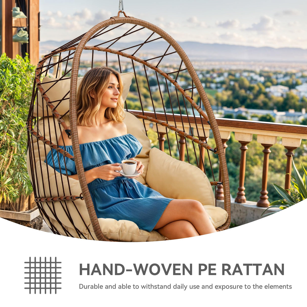 YITAHOME Hanging Egg Chair, Patio Wicker Hammock Egg Chair Basket Chair Swing with Cushion, Outdoor 330lbs Rattan Egg Outdoor Swing Chair for Balcony Garden Bedroom, Beige (Stand not Included) YITAHOME