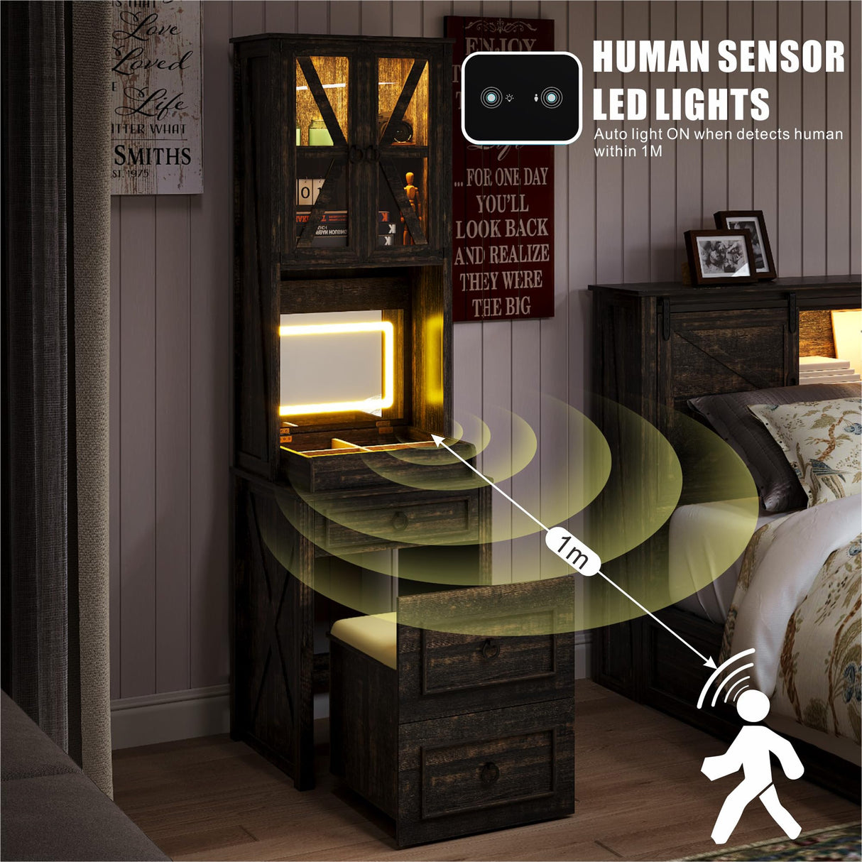 FREDEES Vanity Desk with Mirror,Small Makeup Vanity Set with Customizable Lighting,Compact Makeup Vanity Desk with Hidden Storage and Comfortable Stool,Dressing Table for Bedroom,Brown FREDEES