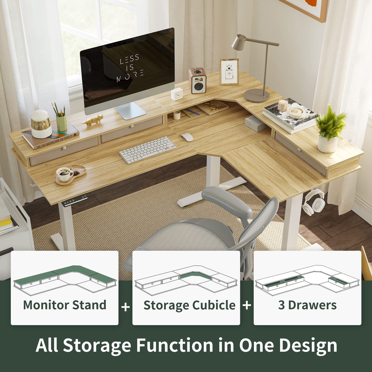 FEZIBO Triple Motor 63" L Shaped Standing Desk with 3 Drawers, Electric Standing Desk Adjustable Height, Corner Stand up Desk with Splice Board, White Frame/Natural Top FEZIBO