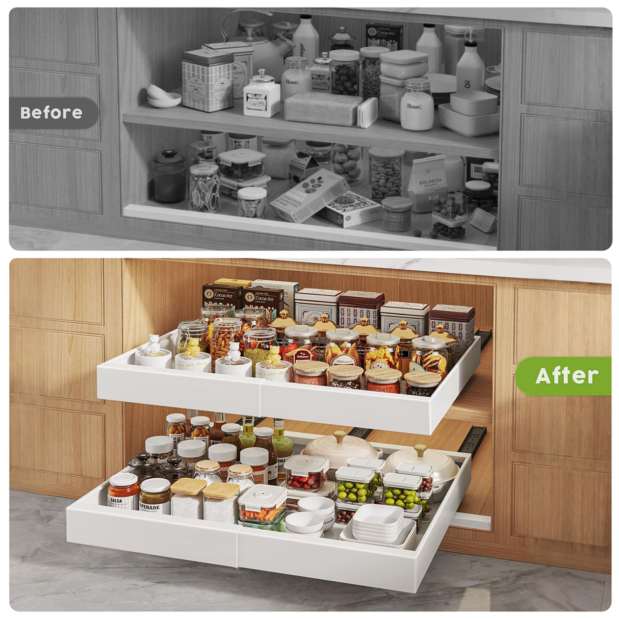 Seinloes 2 Pack Pull Out Cabinet Organizers 21"Deep With Raising Pad for Framed Cabinets,Expandable Slide Out Drawers Upgrade 3 Slide Rails,Roll Out Shelves Adhesive,Adjustable Width 12"-20.45" White Seinloes