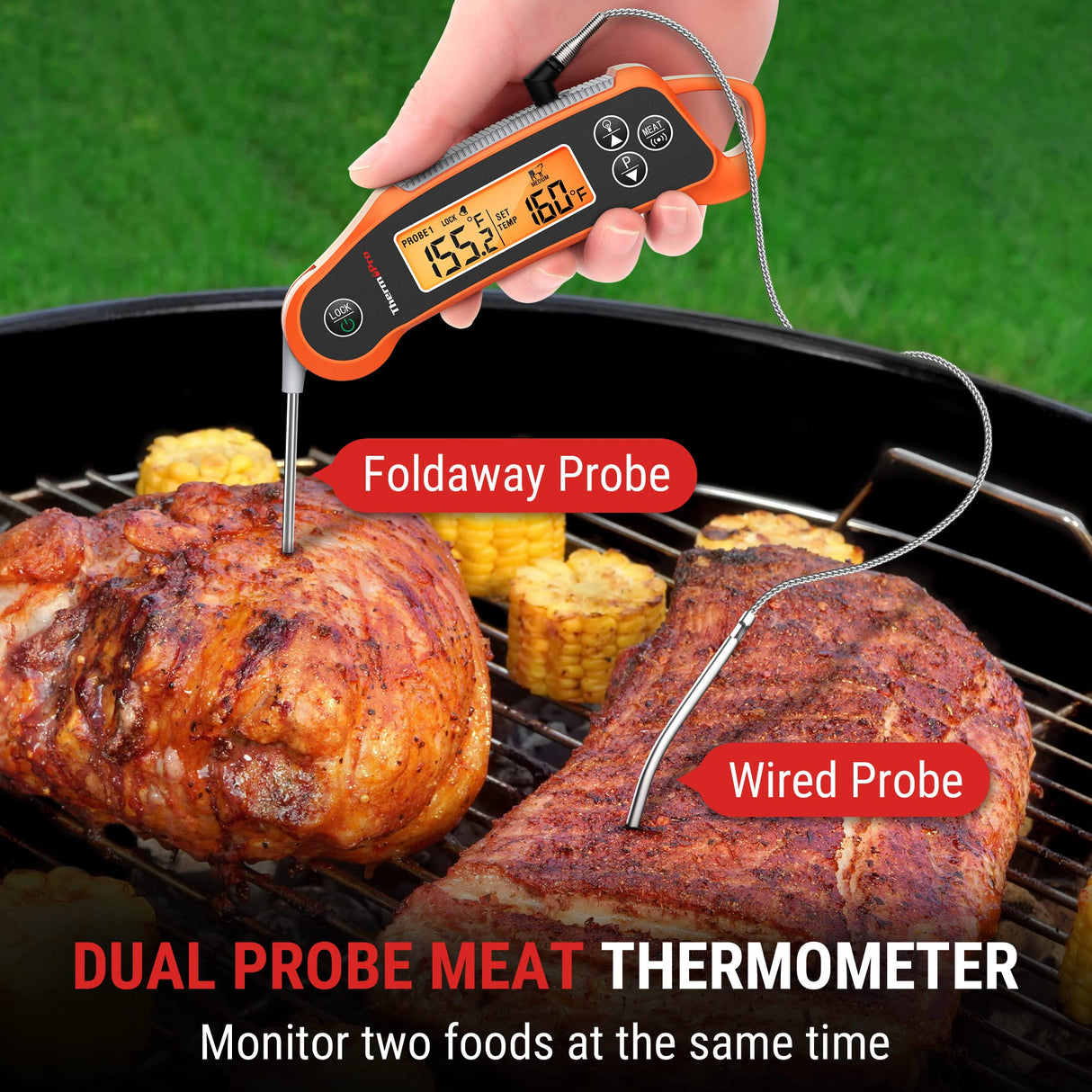 ThermoPro TP710 Instant Read Meat Thermometer Digital for Cooking, 2-in-1 Waterproof Kitchen Food Thermometer with Dual Probes and Dual Temperature Display for Oven, Grilling, Smoker & BBQ ThermoPro