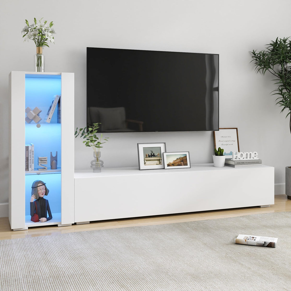 Pvillez 39" LED Display Cabinet with 3 Glass Shelves & 1 Door, Modern Wall-Mounted Curio Cabinet Display Case Storage Cabinet, High Gloss Floor Standing Bookshelf for Living Room Bedroom (White) Pvillez