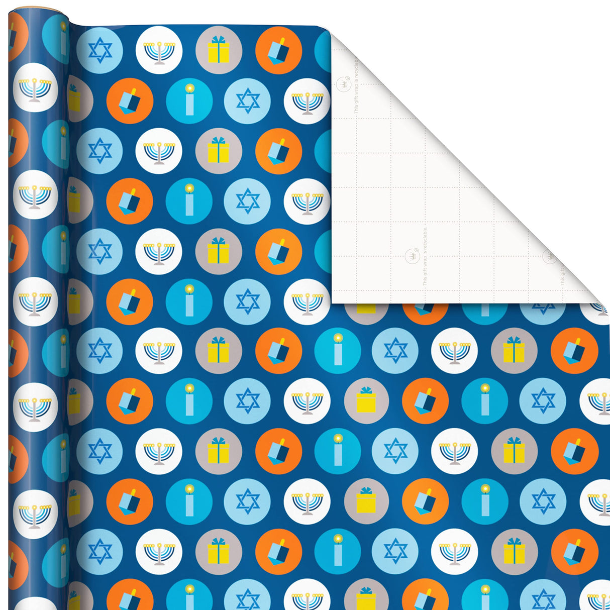 Hallmark Tree of Life Hanukkah Wrapping Paper with Cutlines on Reverse (3 Rolls: 120 Sq. Ft. Total) Blue and Gold Star of David, Menorahs, Candles, Dreidels Hallmark