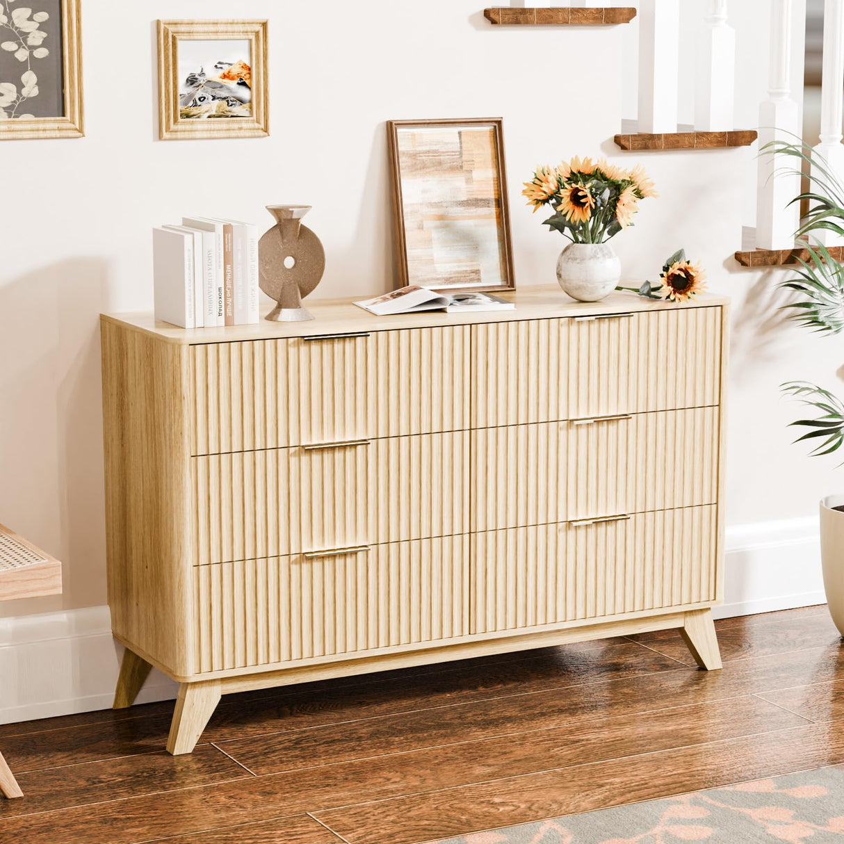 VINGLI Fluted Dresser 6 Drawer, Wood Dresser for Bedroom with Rounded Edges, Mid Century Modern Dressers 47" Long Chest of Drawers, Natural Wood Color, 46.8" W*15.6" D*31" H VINGLI