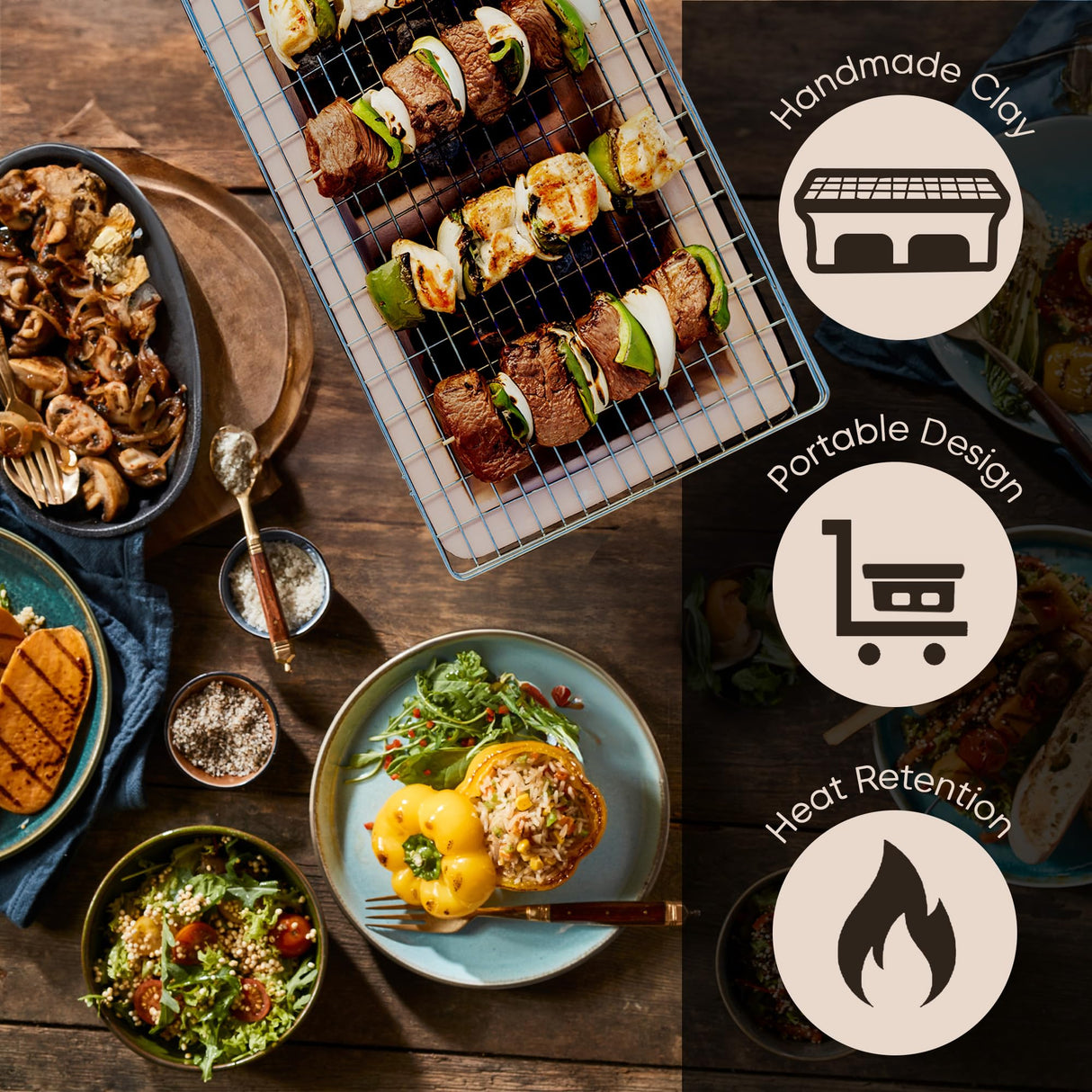 Fire Sense 60450 Yakatori Internal Grates Charcoal Chrome Cooking Grill Japanese Table BBQ Handmade Using Clay Adjustable Ventilation For Outdoor Barbecues Camping Traveling - Large - Tan Fire Sense