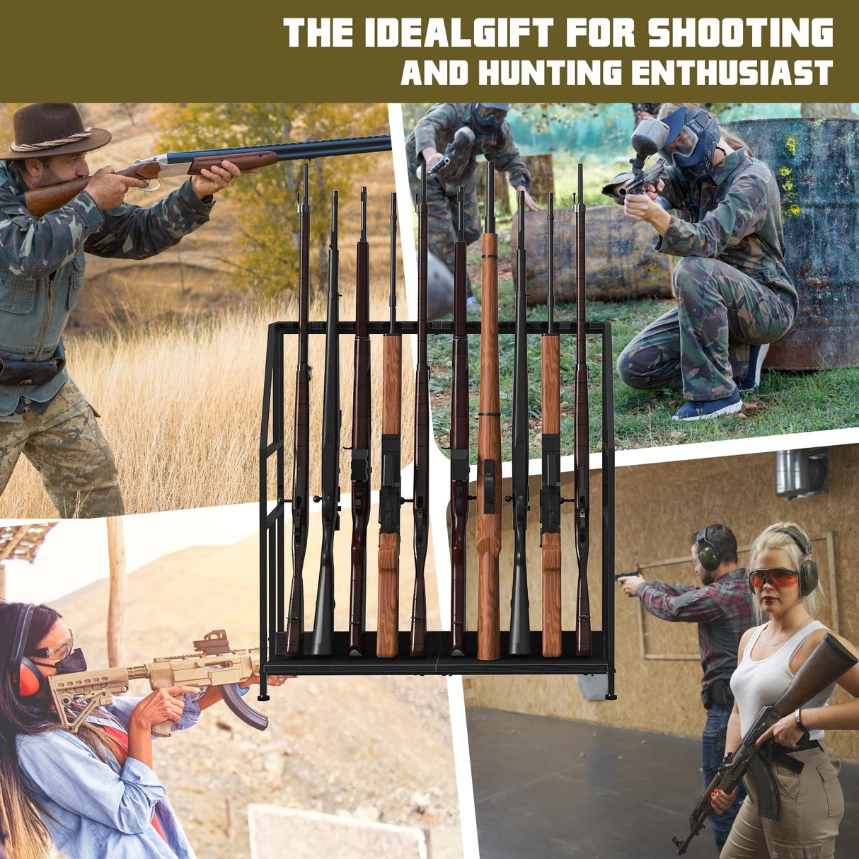 Gun Racks,Wooden Indoor Rifle Racks,Floor Standing Shotgun Rack Indoor, Gun Display Rack Storage Holder for Home or Garage Gun Storage Black - Holds up to 10 Long Guns Shinoske