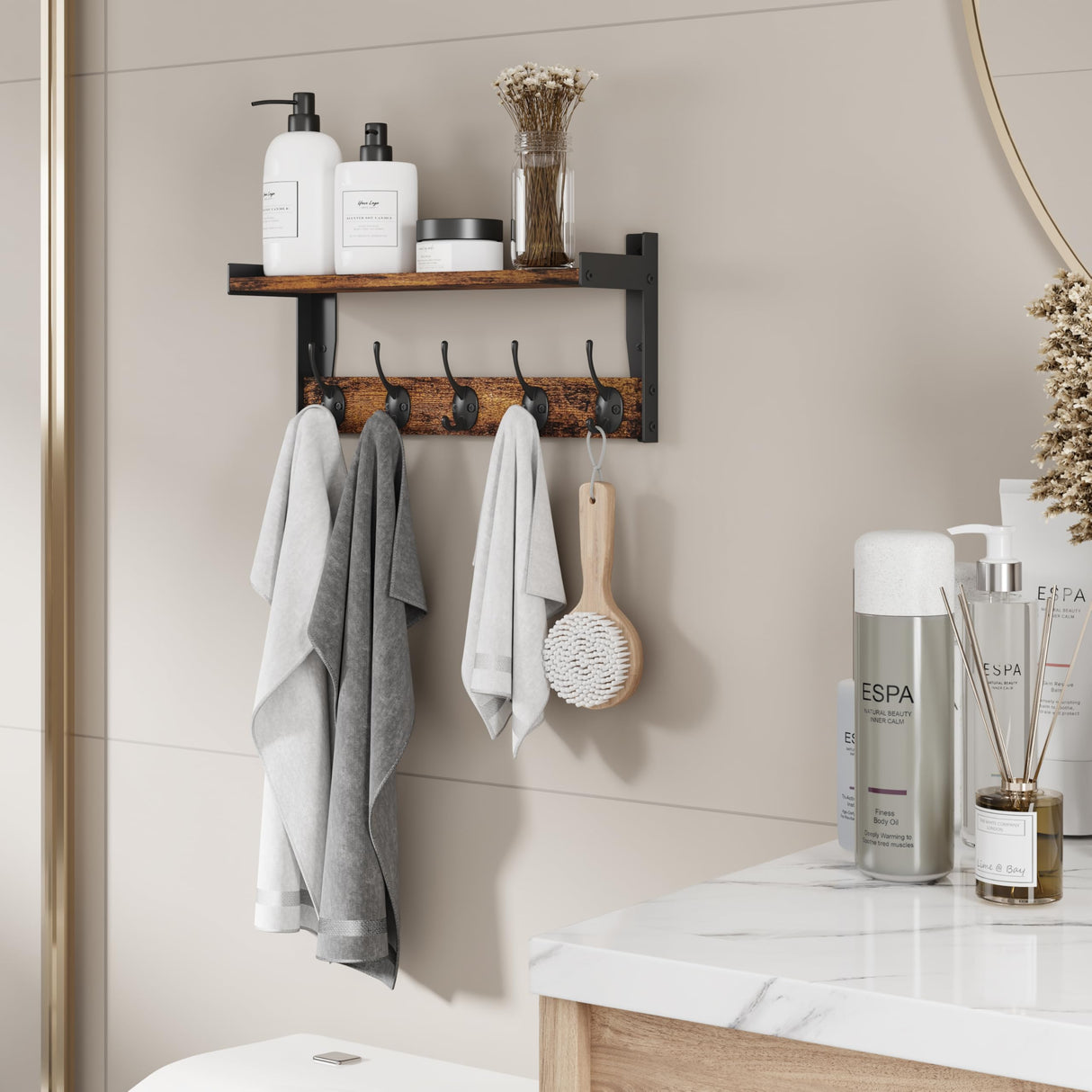 FNBAR Wall Hooks with Shelf, Wood Coat Rack with Shelf Wall-Mounted, Entryway Hanging Shelves with 5 Metal Hooks for Clothes Hats Towel Purse Robes, Bathroom Mudroom Bedroom, Rustic Brown FNBAR